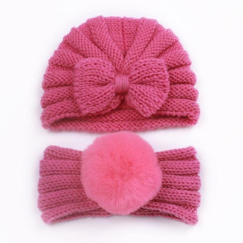 New children's winter warm headscarf hat set, baby bow pullover hat, baby headband