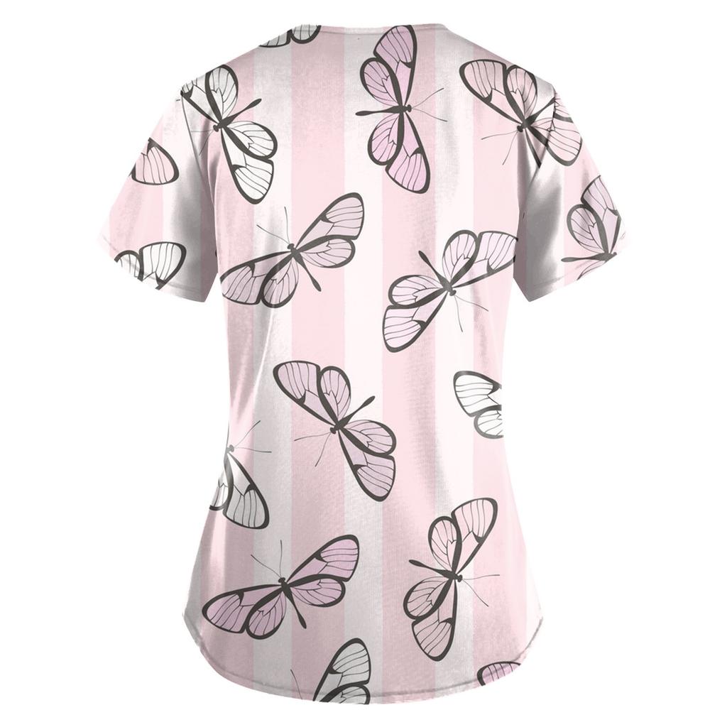 Women Fashion Spring And Summer Oil Painting Print V-neck Short Sleeve Workwear With Pockets Tops
