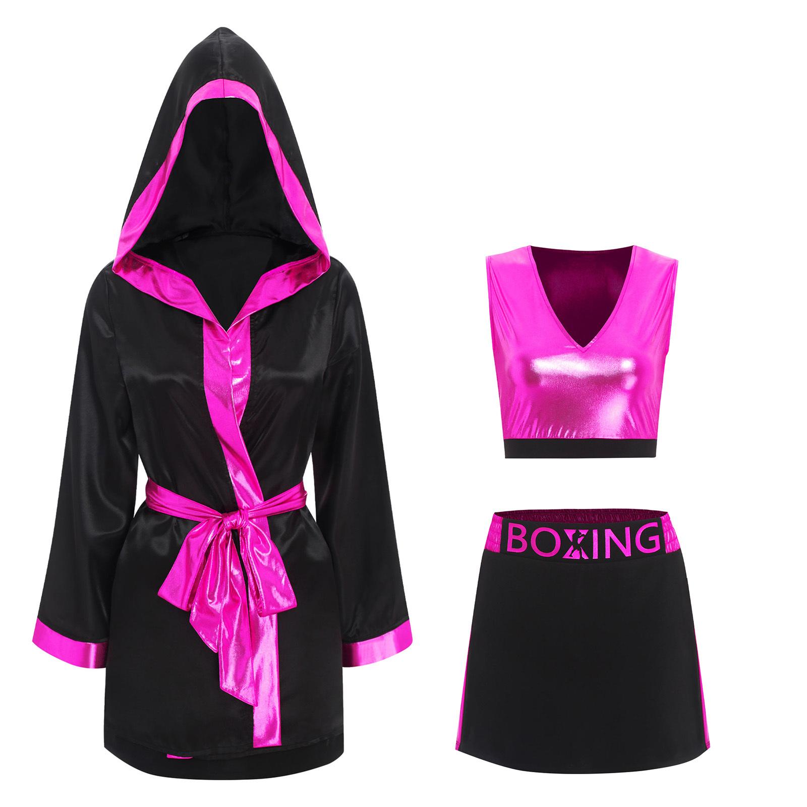 

Women Boxing Outfit Four Piece Set Tank Top Coverup Robe Skirt Belt Sport Theme Halloween Costume S гарячі рожевого кольору/чорний