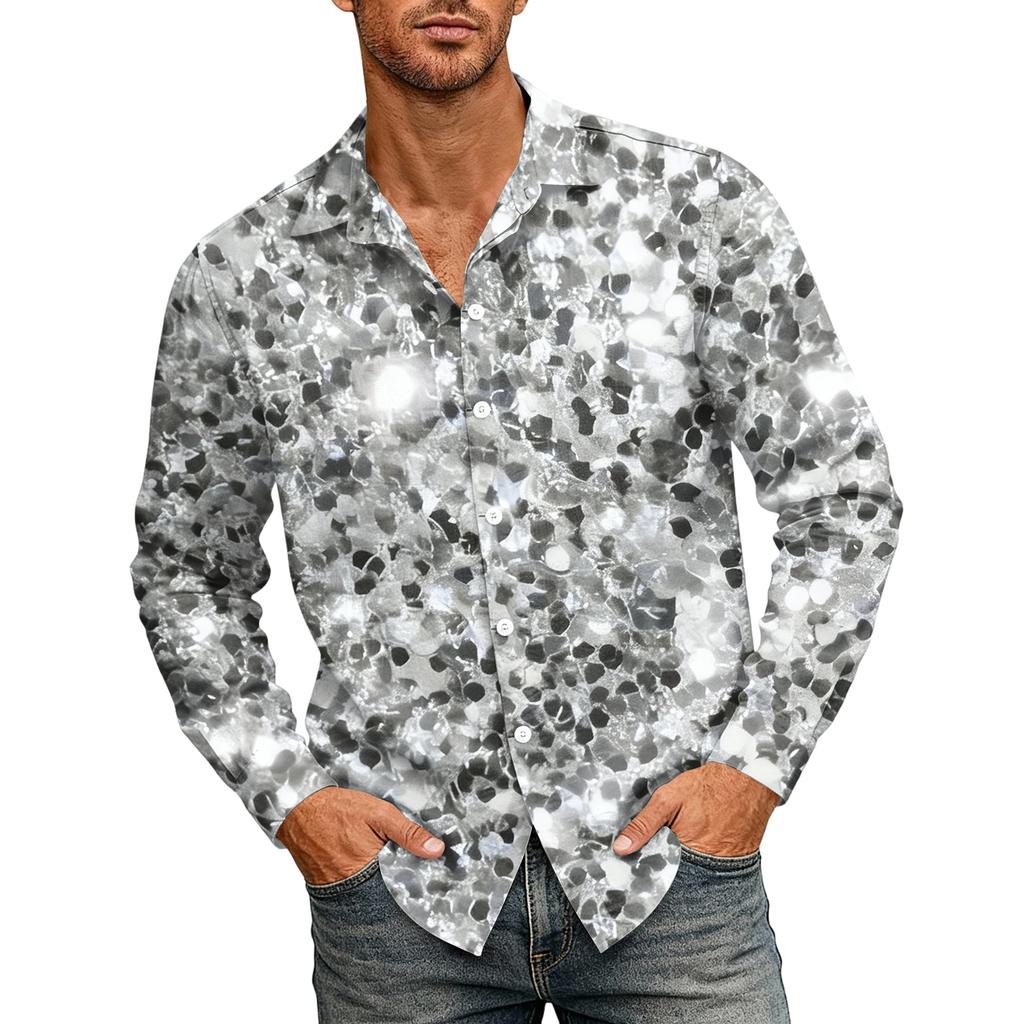 Tenue Sequin Disco Années 70 pour Homme Chemise à Sequins Coupe Festive Chemise Hawaïenne Nouvel An Boutonnée Chemise Chemise pour Homme Non-Repassage Vintage Chemise à Paillettes