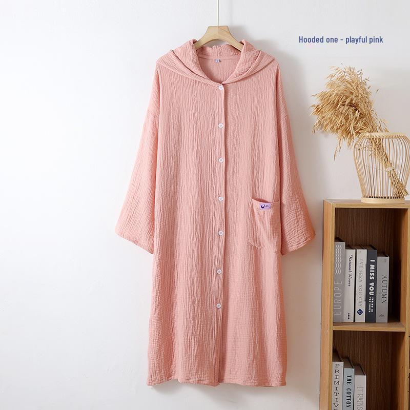 Double-Layer Gauze Cotton Hooded Cardigan Robe Pajamas