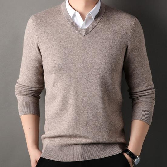 Fall Winter Men Sweater V Neck Knitted Solid Color Elastic Stretchy Pullover