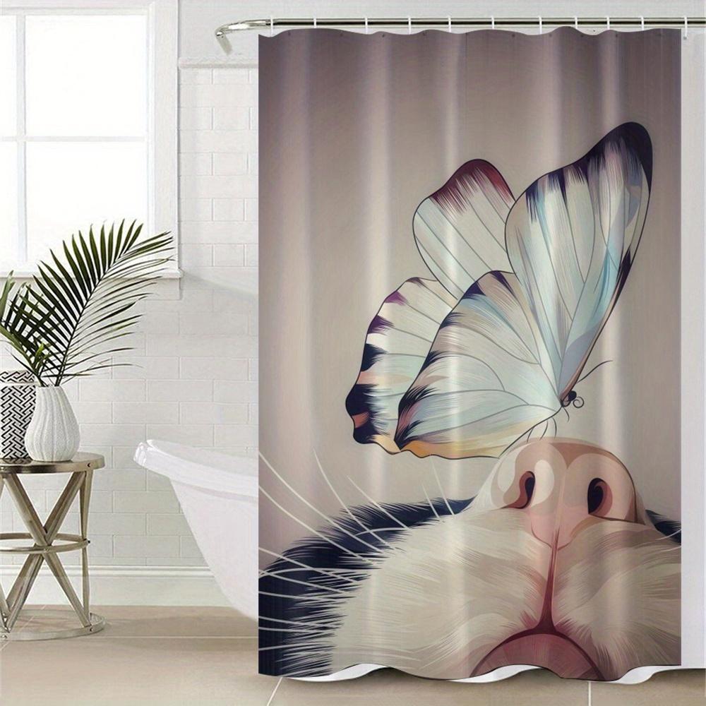 1pc Polyester Shower Curtain with Whimsical Cat & Butterfly Print, Machine Washable Bathroom Decor for All Seasons