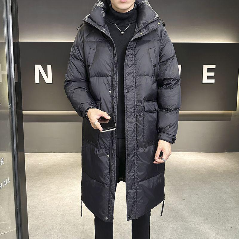 Męska Wysokiej Jakości Kurtka Puchowa Średniej Długości z Kapturem - Ciepła, Modna, Gruba Kurtka za Kolano