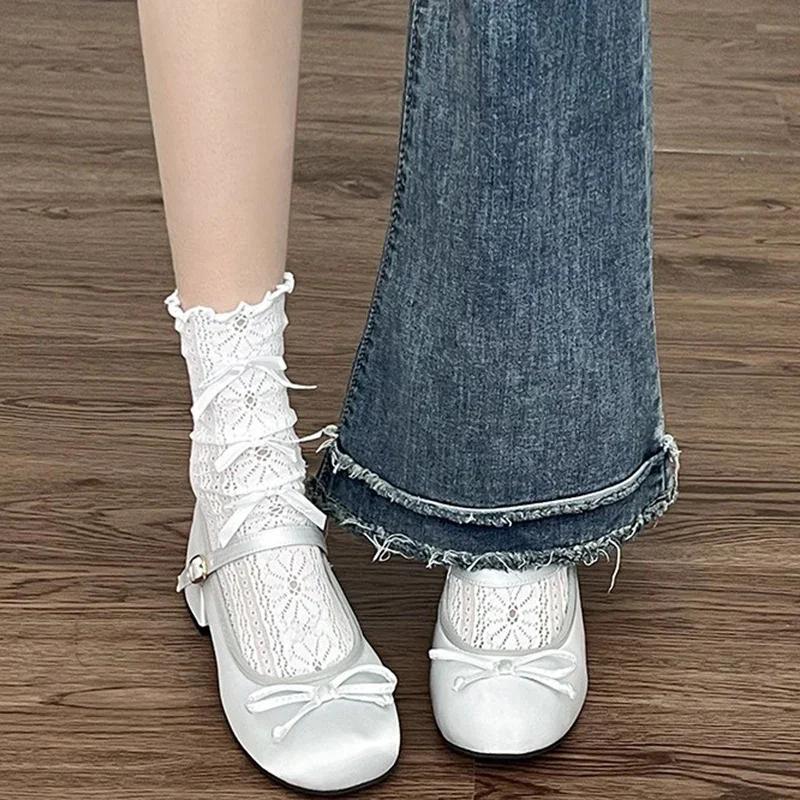 Fashion 2025 spring cute sweet Bowknot Mary Janes for Women  vintage Silk Med Heels  pumps Ladies  Banquet Wedding Single Shoes Mujer