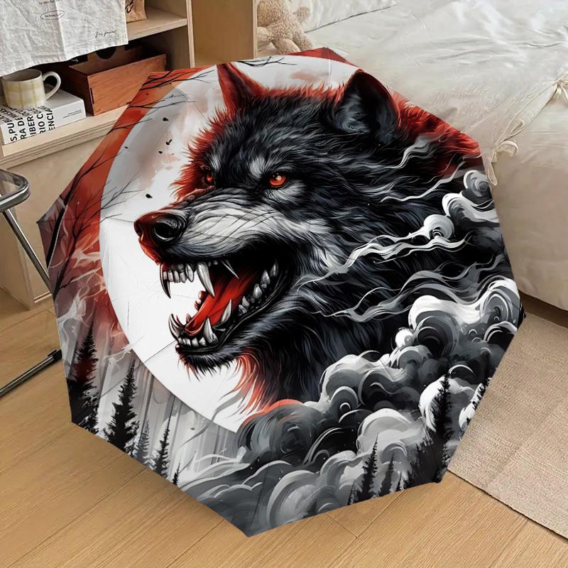

1pc Wolf Moon Night Fashionable Automatic Opening/Closing Folding Umbrella with 8 Iron Bones, Plastic Handle yy251015060
