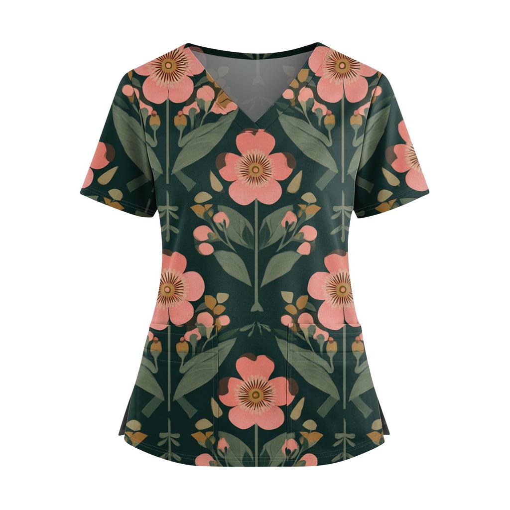 Dámská módní košile s květinovým potiskem, výstřihem do V, dvojitou kapsou, krátkým rukávem, rozparkem na lemu a ochranným pracovním topem