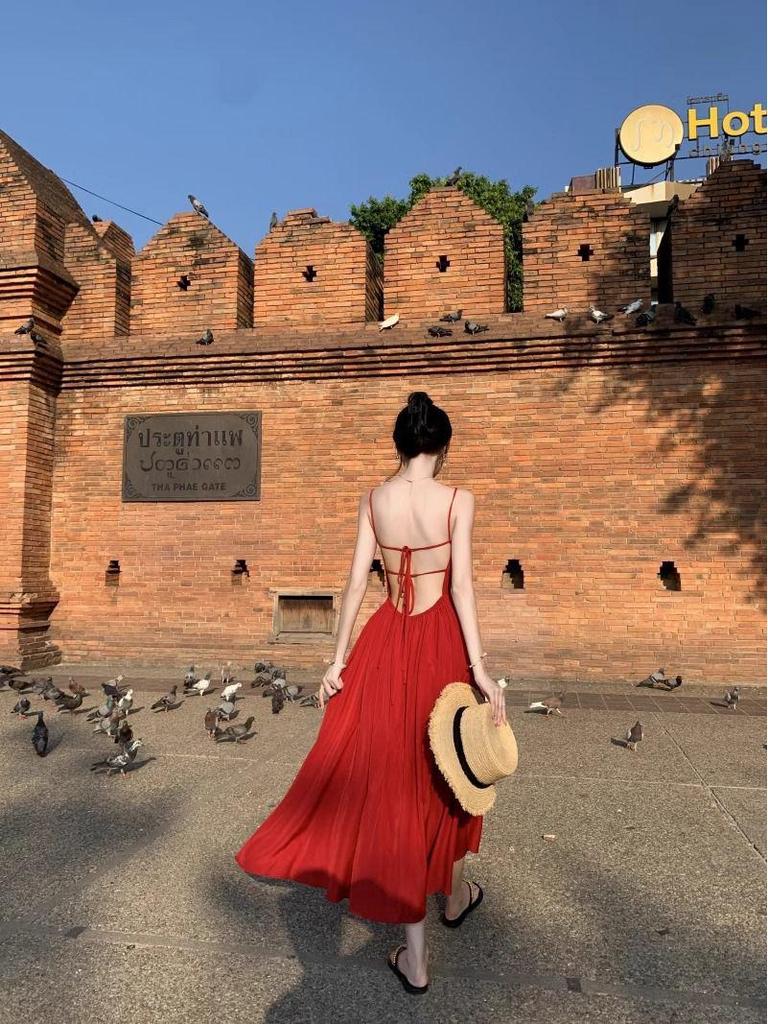 Women's Sexy Backless Red Slip Dress - Perfect for Beach Vacations and Photos