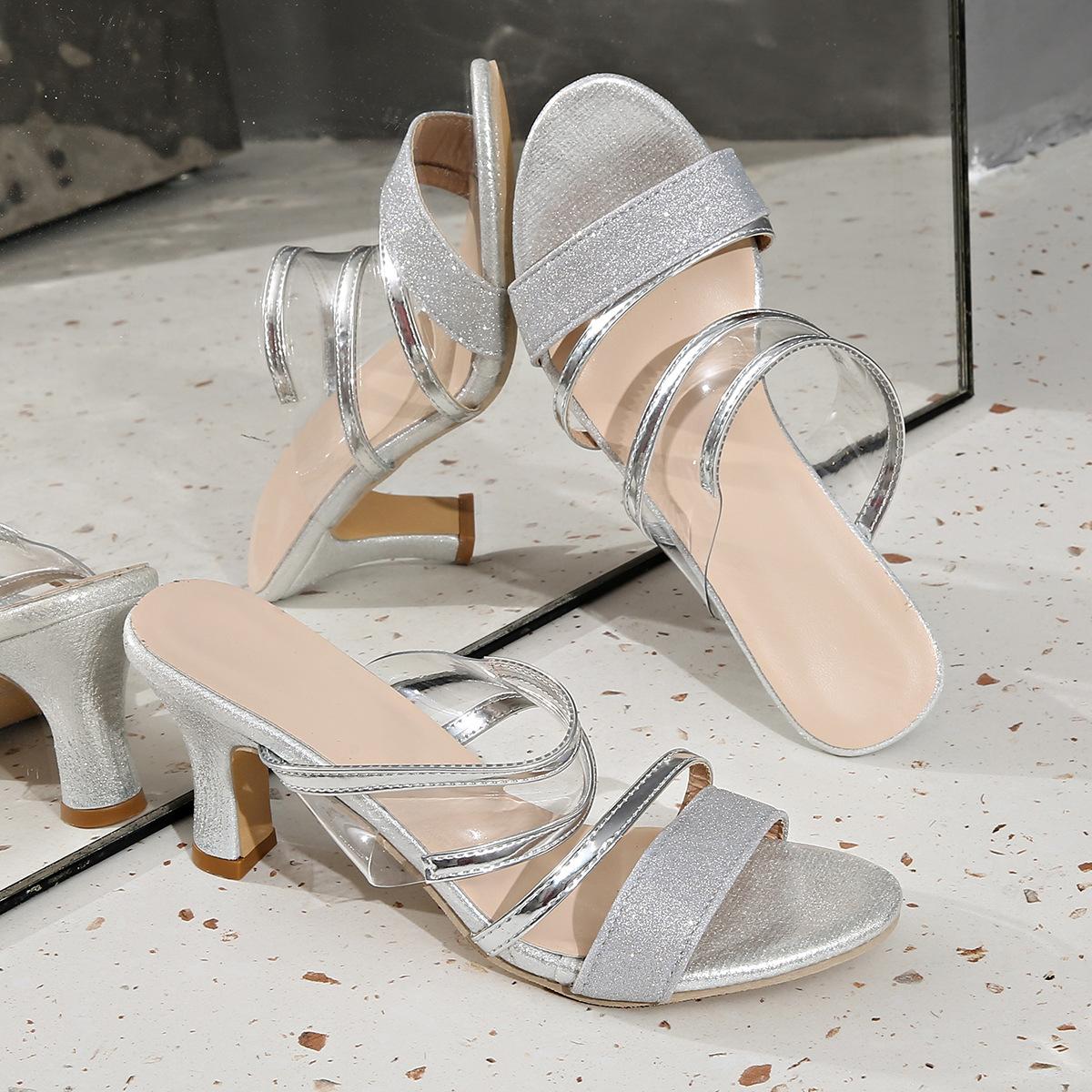 

Large size open-toed transparent outer wear women s shoes thick-heeled cool slippers summer new fashion high-heeled slippers 36 серебряный