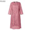 ZANZEA Women Casual Round Neck 3/4 Sleeve Patchwork Lace Sheath Dress