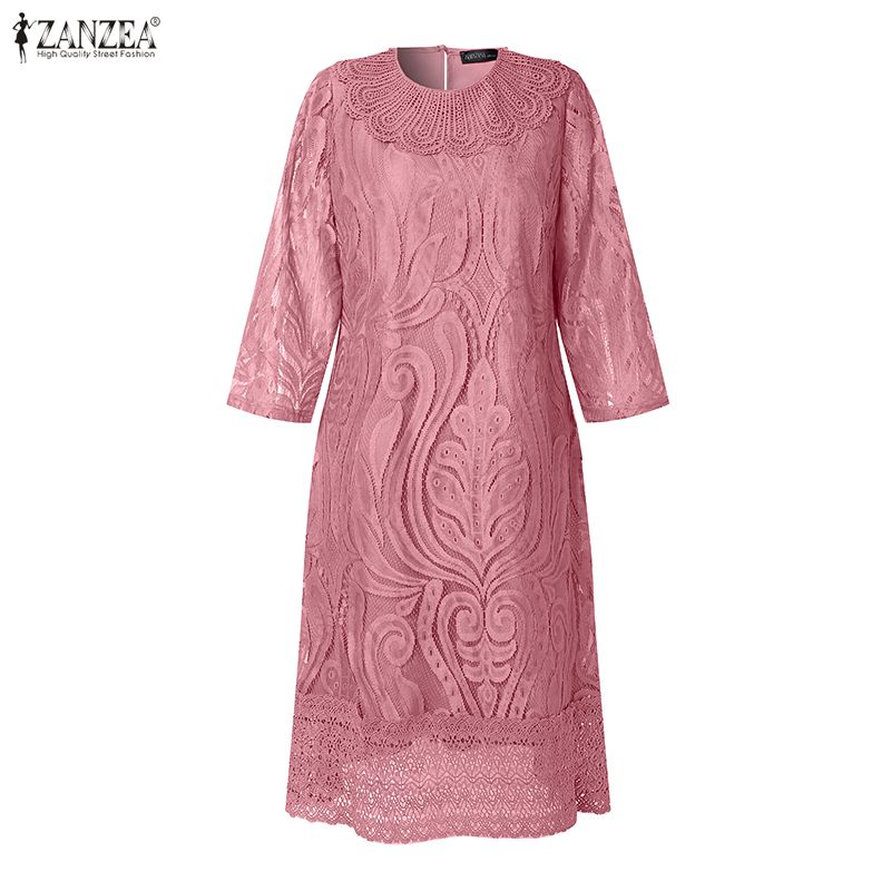 ZANZEA Women Casual Round Neck 3/4 Sleeve Patchwork Lace Sheath Dress