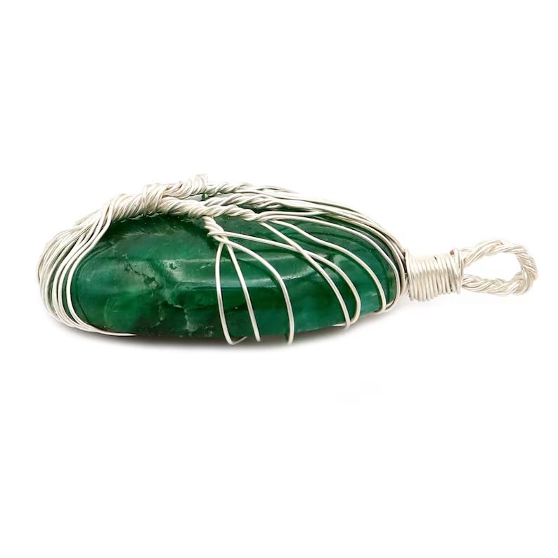 Emerald Gemstone Necklace Sterling Silver Pendant Wire Wrapped Emerald Jewelry