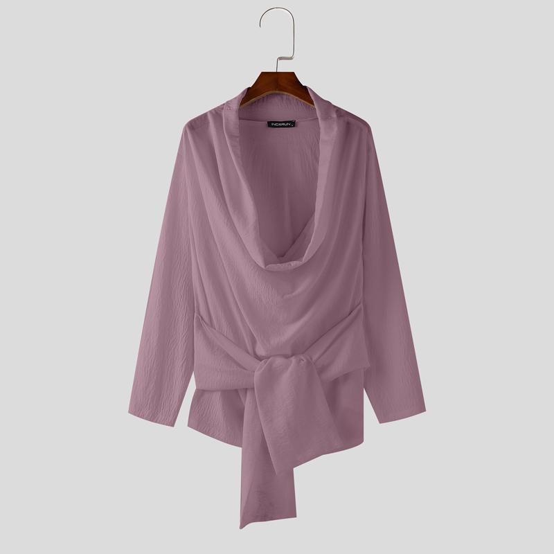 

INCERUN Мужские свободные рубашки с длинным рукавом и шнуровкой, повседневные, однотонные, топы 4XL розовый