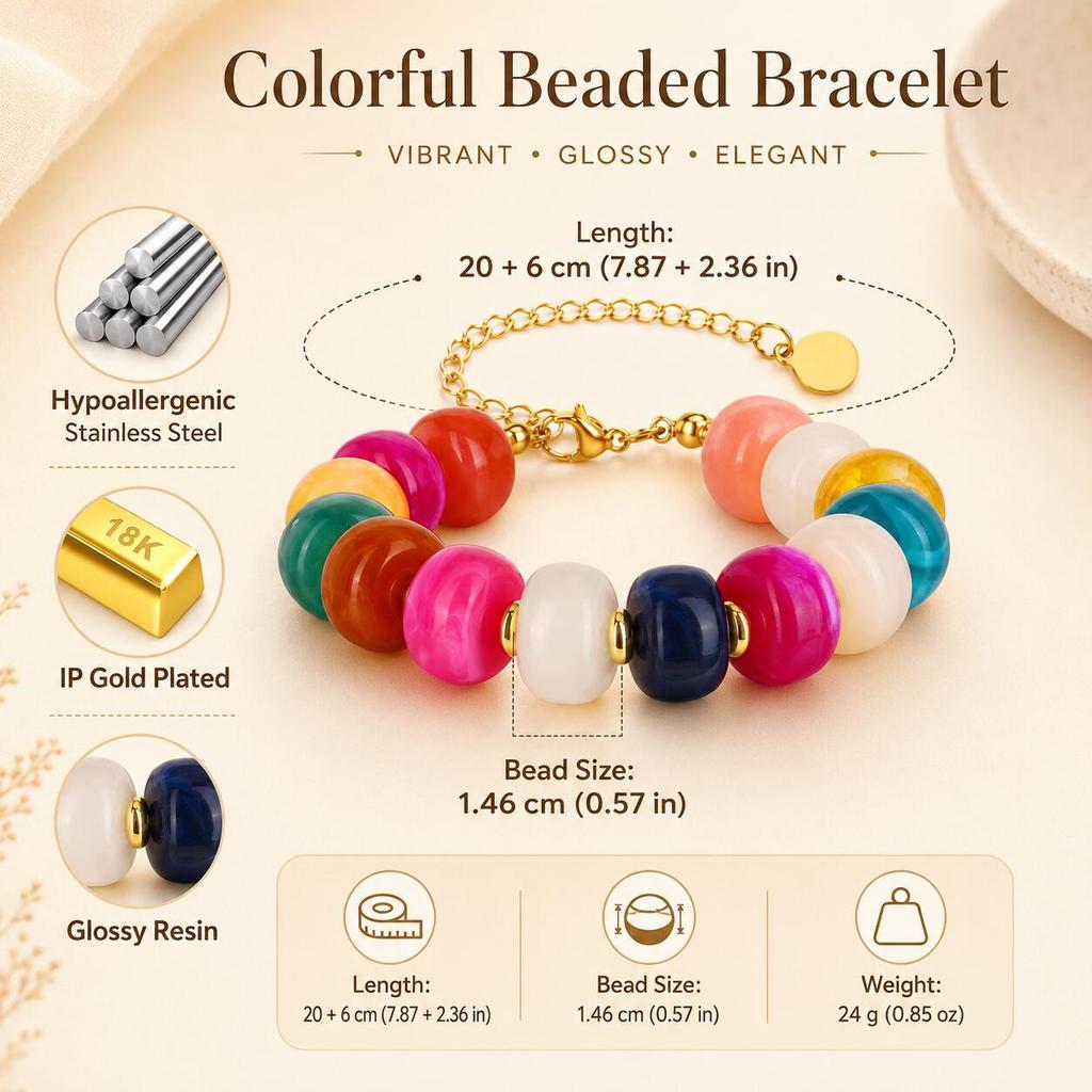 Bohemian Multi Color Resin Bead Bracelet for Women,18K Gold Plated Stainless Steel, Waterproof Summer Beach Vacation Jewelry