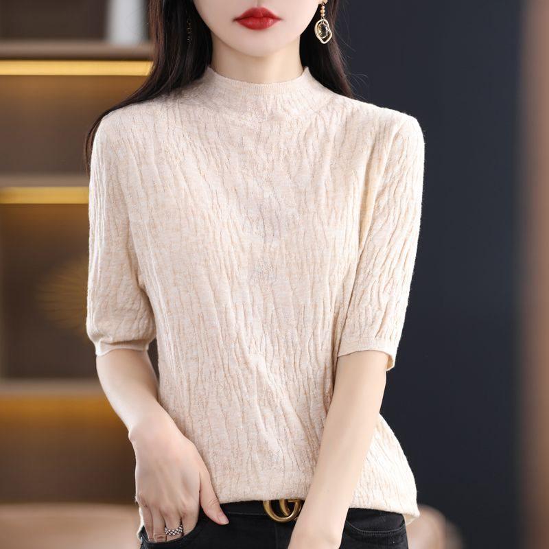 Spring Semi-High Neck Short Sleeve Loose Knit Pullover for Women