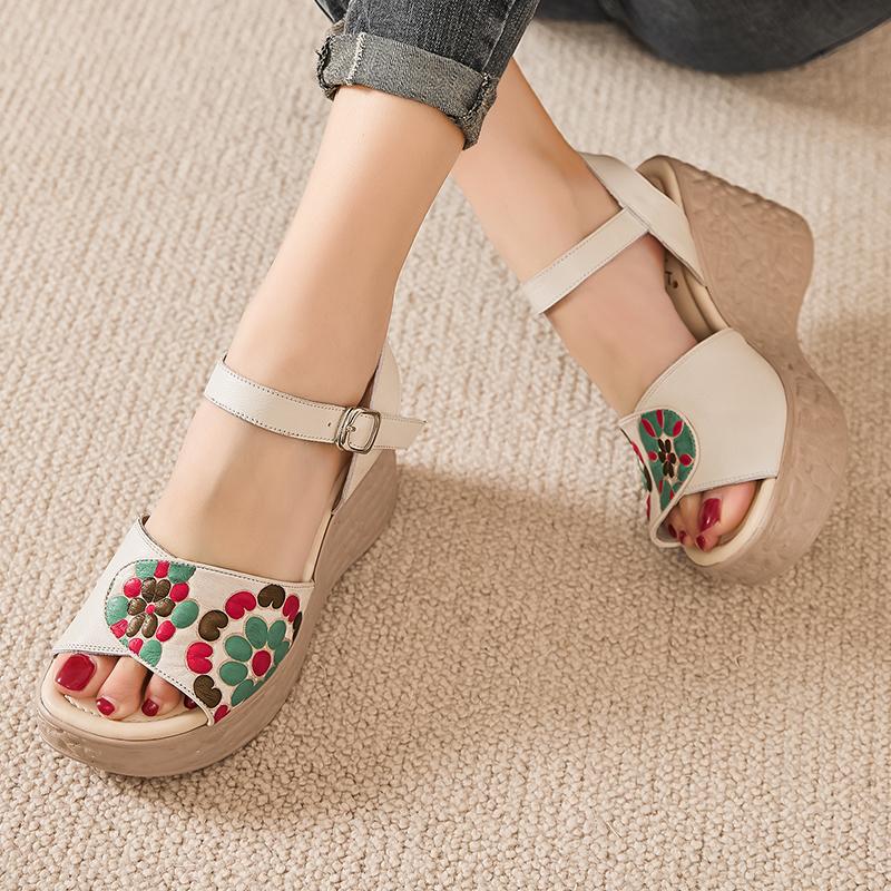Fashion GKTINOO Wedges Sandals 2025 Summer New High Heels Bohemian Genuine Leather Comfortable Thick Bottom Women's Platform Shoes