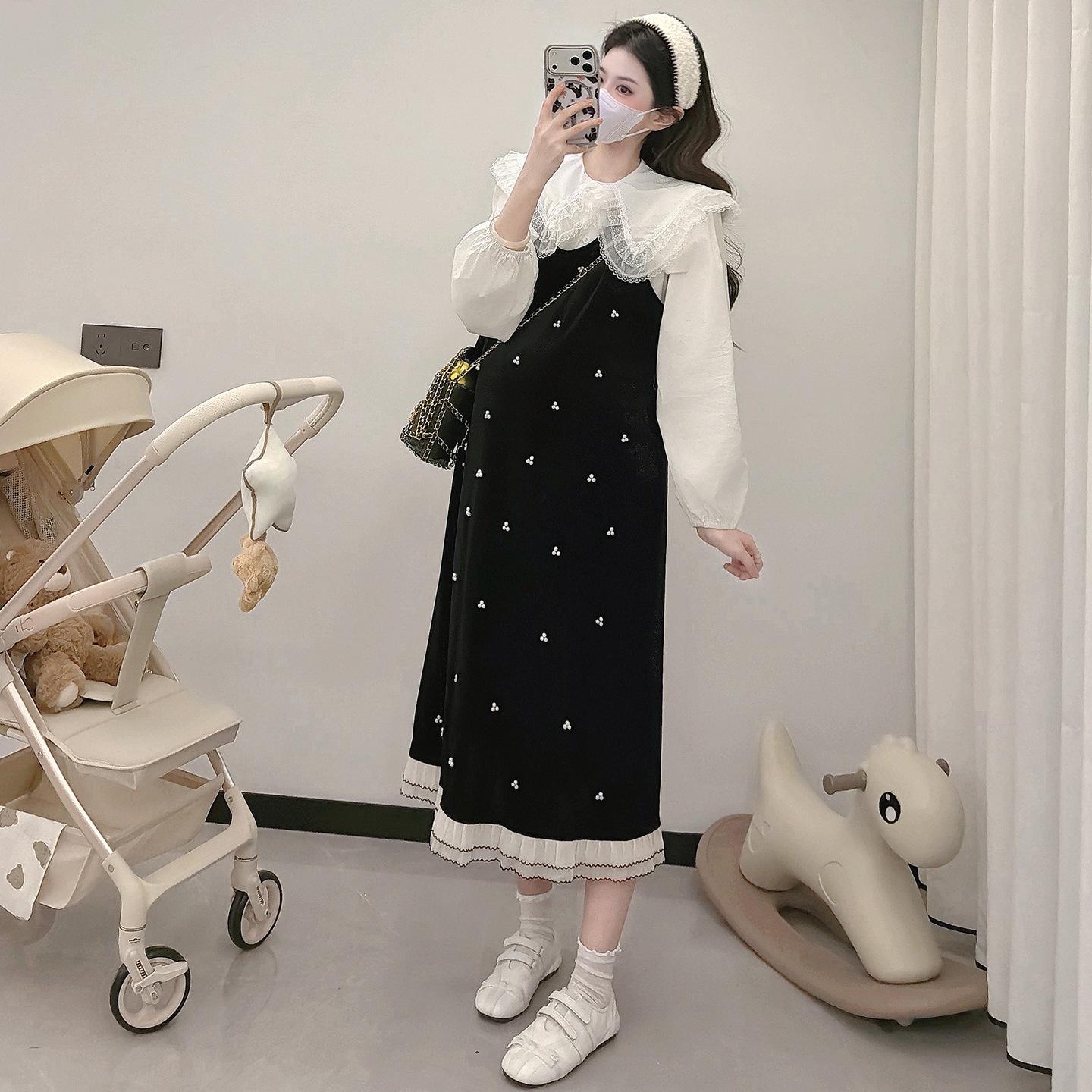 Golden Velvet Maternity Suspender Skirt with Lace Trim Collar Shirt - Plus Size Spring 2026 Collection 2XL
