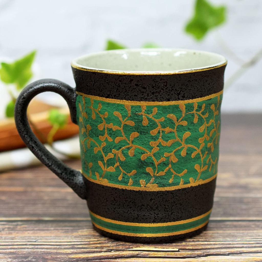 Waza no Kura Stylish Coffee Kutani Ware Mug with Gold Arabesque Design and Green Ceramic Made in Perfect as a Birthday 60th 70th 77th or 88th Birthday