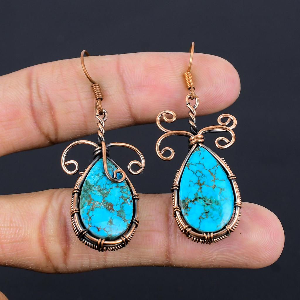 Tibetan Turquoise Earrings Gemstone Jewelry, 999 Copper Wire Wrapped Handmade Earrings, Latest Design Jewelry