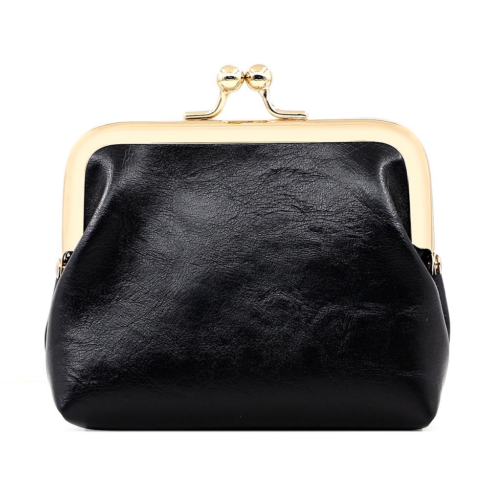 Retro Leather Mini Coin Purse with Gold Clip - Large Capacity
