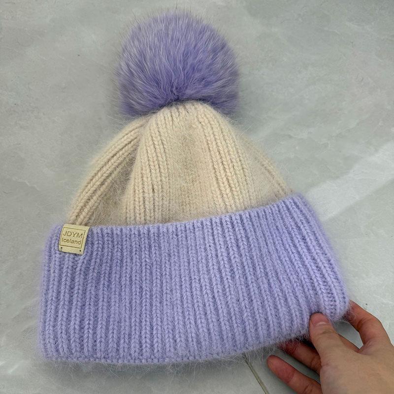 Double-layer rabbit plush knitted hat women's autumn and winter double-layer warm color matching versatile pile hat fox hairball hat