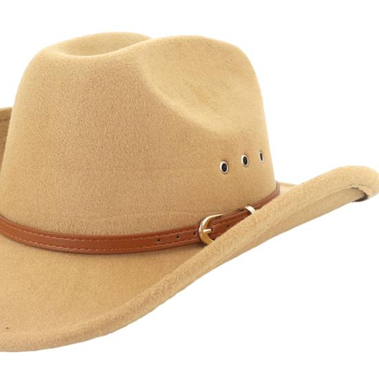 Ethnic Style Wide Brim Hemming Faux Leather Belt Decor Jazz Hat Western Cowboy Cowgirl Fedora Hat Fashion Accessories