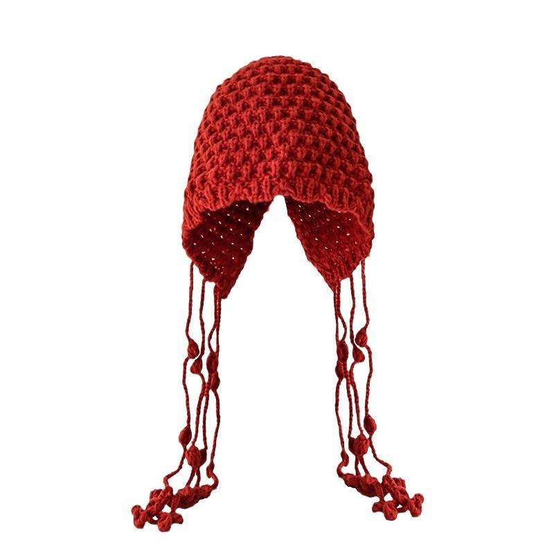 Autumn and Winter Warm Wool Hat Hand Knitted Hollow Head Hat for Women's Ethnic Style Tassel Ear Protection Head Knit Hat