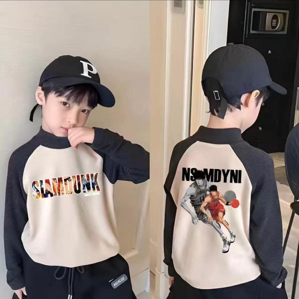 Jungen Fleece Patchwork Cartoon T-Shirt - Herbst/Winter Stilvolles Basic für mittlere & große Kinder