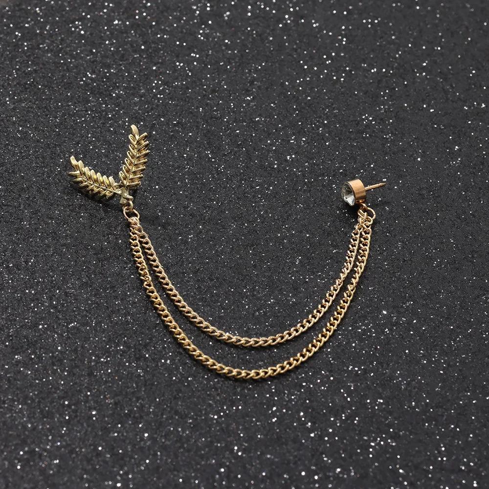 British Style High-end Maple Leaf Brooch with Rhinestone Chain Fashion Vintage Tassel Badge Lapel Pin for Men's Suit Accessories