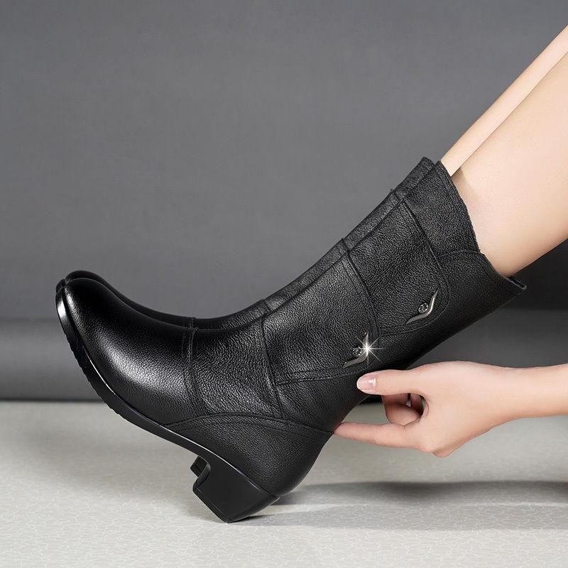 Women's Winter Wool Boots, Medium Length Thick Heel High Boots, Warm Cotton Shoes for Mother