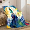 A figure stands on a rock, surrounded by roses and planets in vibrant hues. for all seasons blanket lunch break throw gift