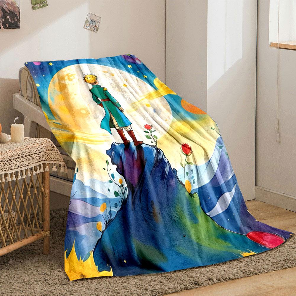 A figure stands on a rock, surrounded by roses and planets in vibrant hues. for all seasons blanket lunch break throw gift