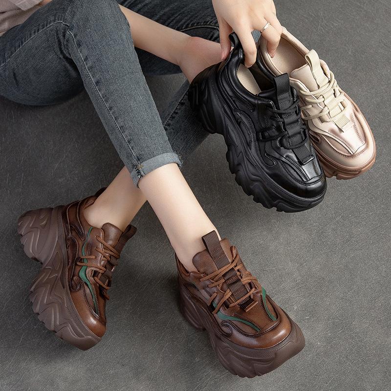 Fashion GKTINOO Lace-up Shoes Women Sneakers Genuine Leather Mixed Colors 2025 New Handmade Comfortable Retro Platform Sneakers