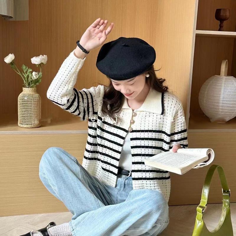 Hollow Striped Knitted Cardigan for Women In Autumn Winter Chic and Sweet Spicy Short Sweater Coat
