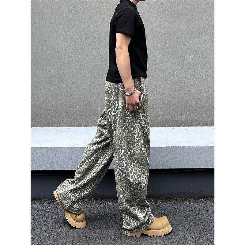 American Retro Washed White Leopard Print Scimitar Jeans Men's and Women's Niche Silhouette Loose Wide-leg Pants