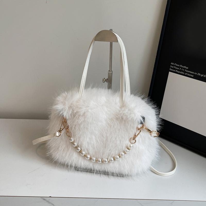 Yogodlns Winter Fashion Faux Fur Crossbody Bags for Women's Gift, Pearl Chain Decor Shoulder Bag, Ladies Handbags Top-handel Bag