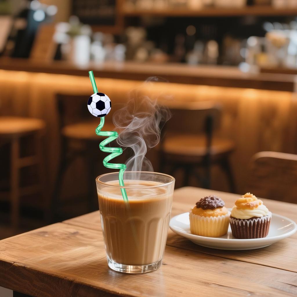 Football Themed Cartoon Spiral Straw Set with Creative Design 10PC