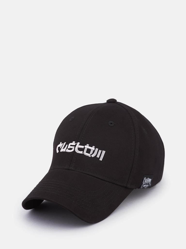 Baumwoll-Baseballkappe mit schwarz gesticktem Custom Wear-Logo in Schwarz und Weiß