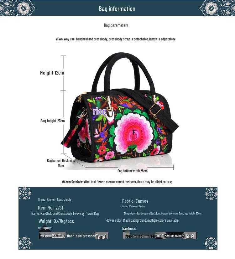Ethnic Embroidered Drum-Shape Tote & Crossbody Canvas Bag