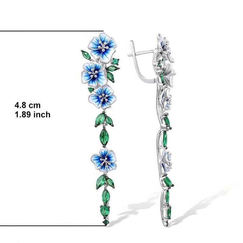 Leaf  Emerald Enamel Flower Long Earrings for Women Elegant Jewelry Summer Party Gift