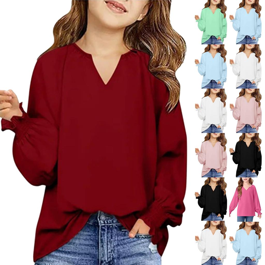 Girls' Long Sleeve Tee - Solid Color Loose Fit Casual Top