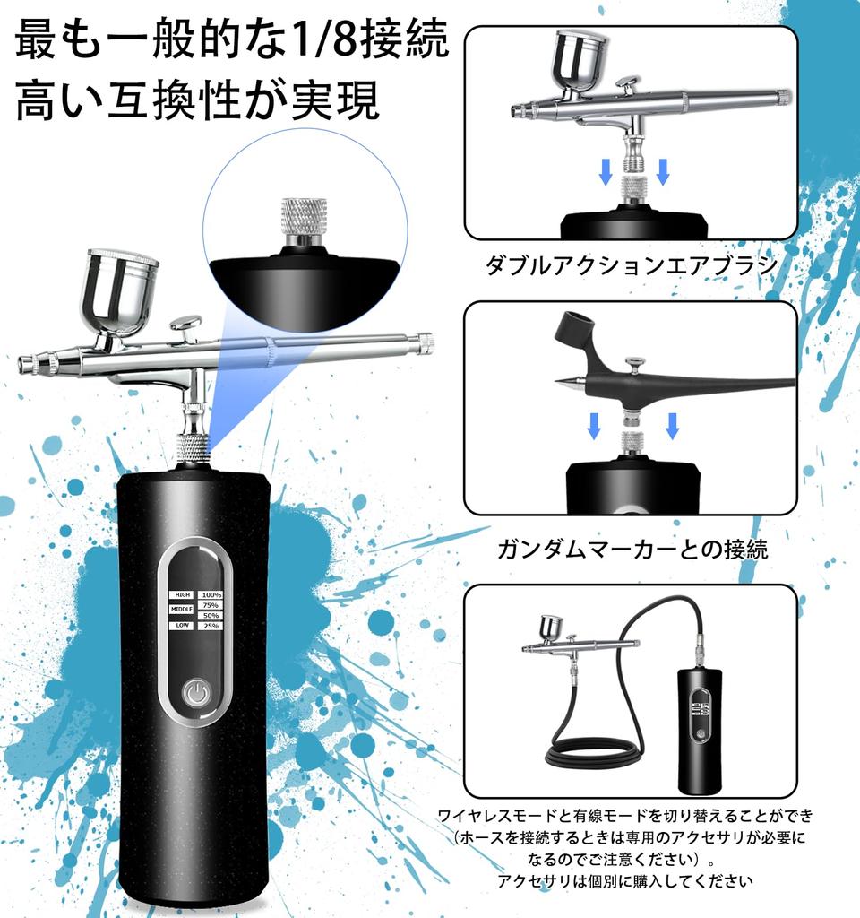 Fascinated Rechargeable Airbrush with Battery Level Visualizer, Dual Action, Three Adjustable Pressure Modes (High, Medium, Low), 0.3mm Diameter, for