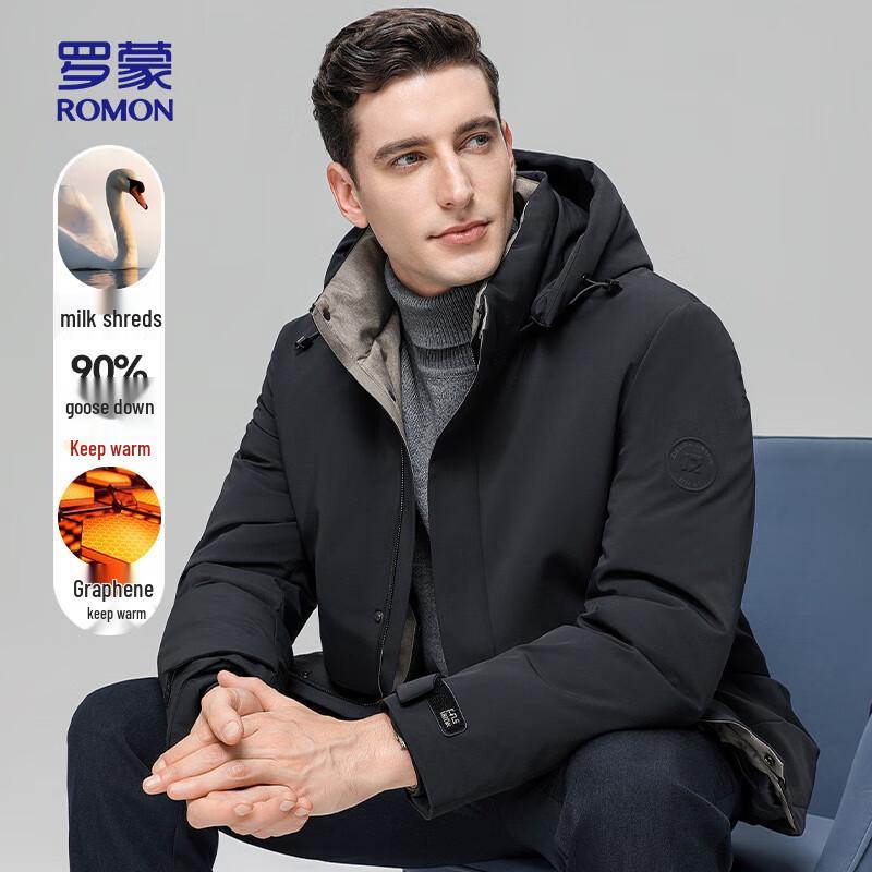 ROMON Men s Mid-length Goose Down Jacket with Detachable Hood L
