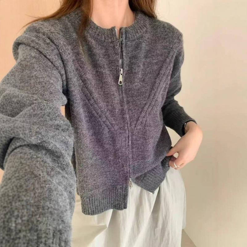 Retro Knitted Cardigan Crew Neck Zipper Autumn and Winter New Soft Waxy Lazy Style Short Casual Sweater Jacket Women