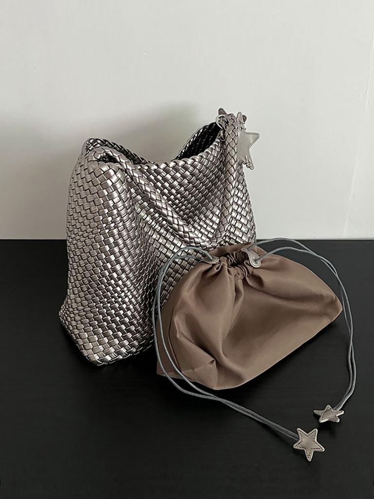 Premium original design summer champagne woven tote bag large capacity commuter shoulder bag women's fashion