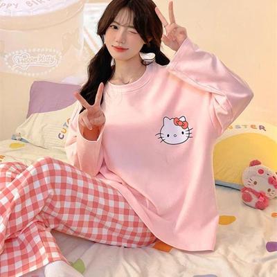 Hello Kitty Pink Plaid Pajama Set: Long-Sleeved Top and Pants for Autumn/Winter