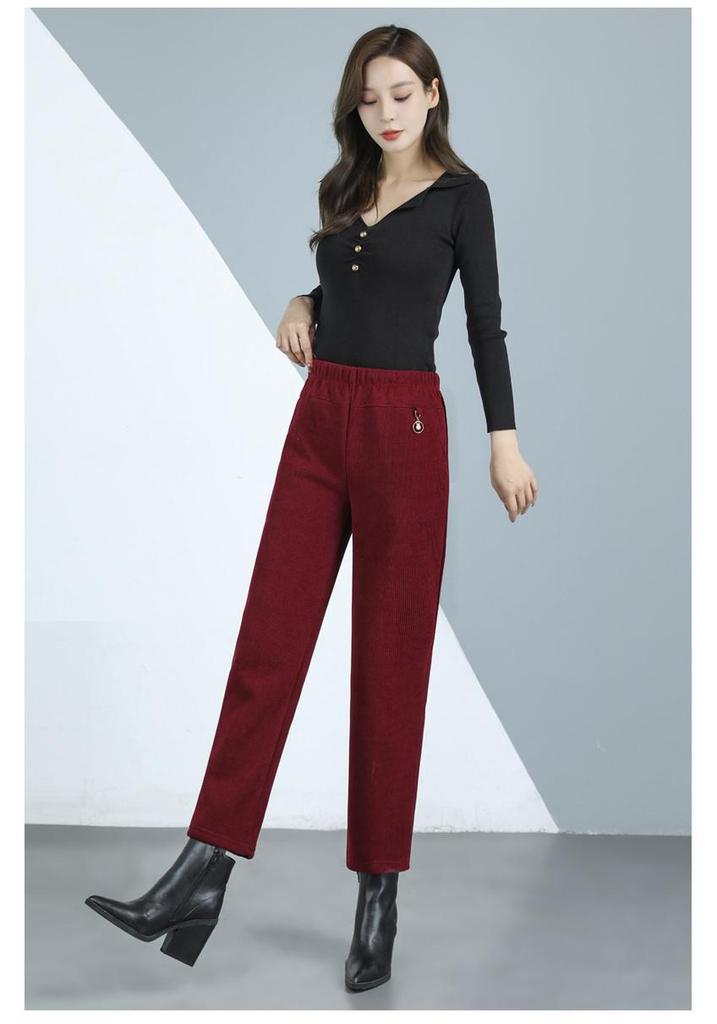 High-Waisted Corduroy Mom Pants with Velvet, Plus Size, for Middle-Aged & Elderly Women, Loose Straight-Leg Cropped Fit