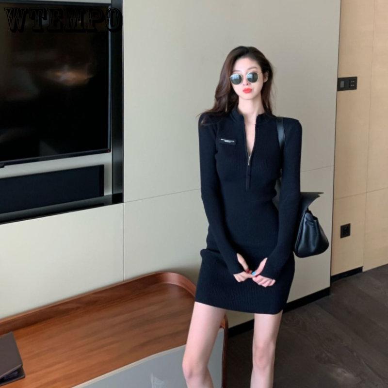 Spring and Autumn Women's Dress Autumn and Winter Women's Half-high Neck Zipper Slim Knitted Skirt Women's Sexy Bottom Wrap Hip Skirt
