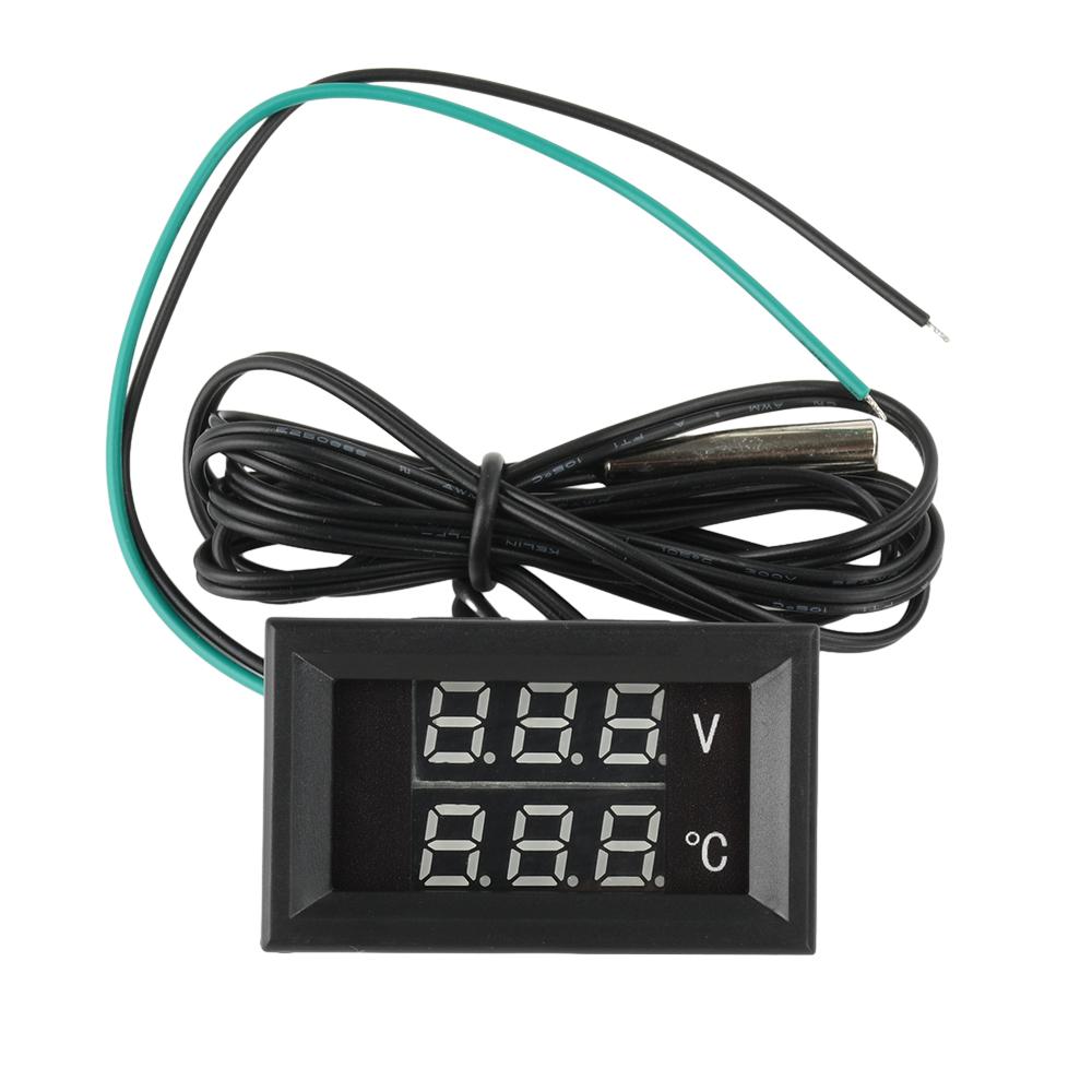 DC 4-28V Voltmeter Thermometer Voltage and Temperature Real Time Monitoring LED Digital Display with NTC Probe Cable -50-125℃