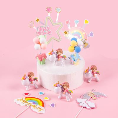Cartoon Einhorn für Mädchen Kuchendeko Regenbogen Mond Stern Alles Gute zum Geburtstag Kuchentopper 1. Geburtstag Babyparty Einhorn Motto Party